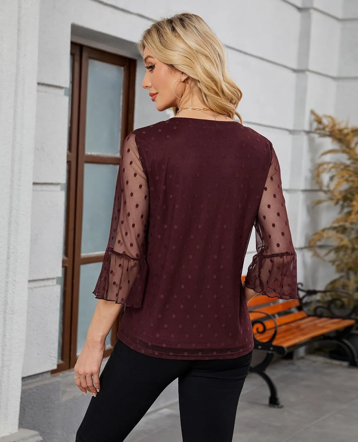 Womens Tops Dressy Casual 3/4 Ruffle Sleeve Blouse Chiffon V Neck Evening Party Night Out Wedding Cocktail Shirt