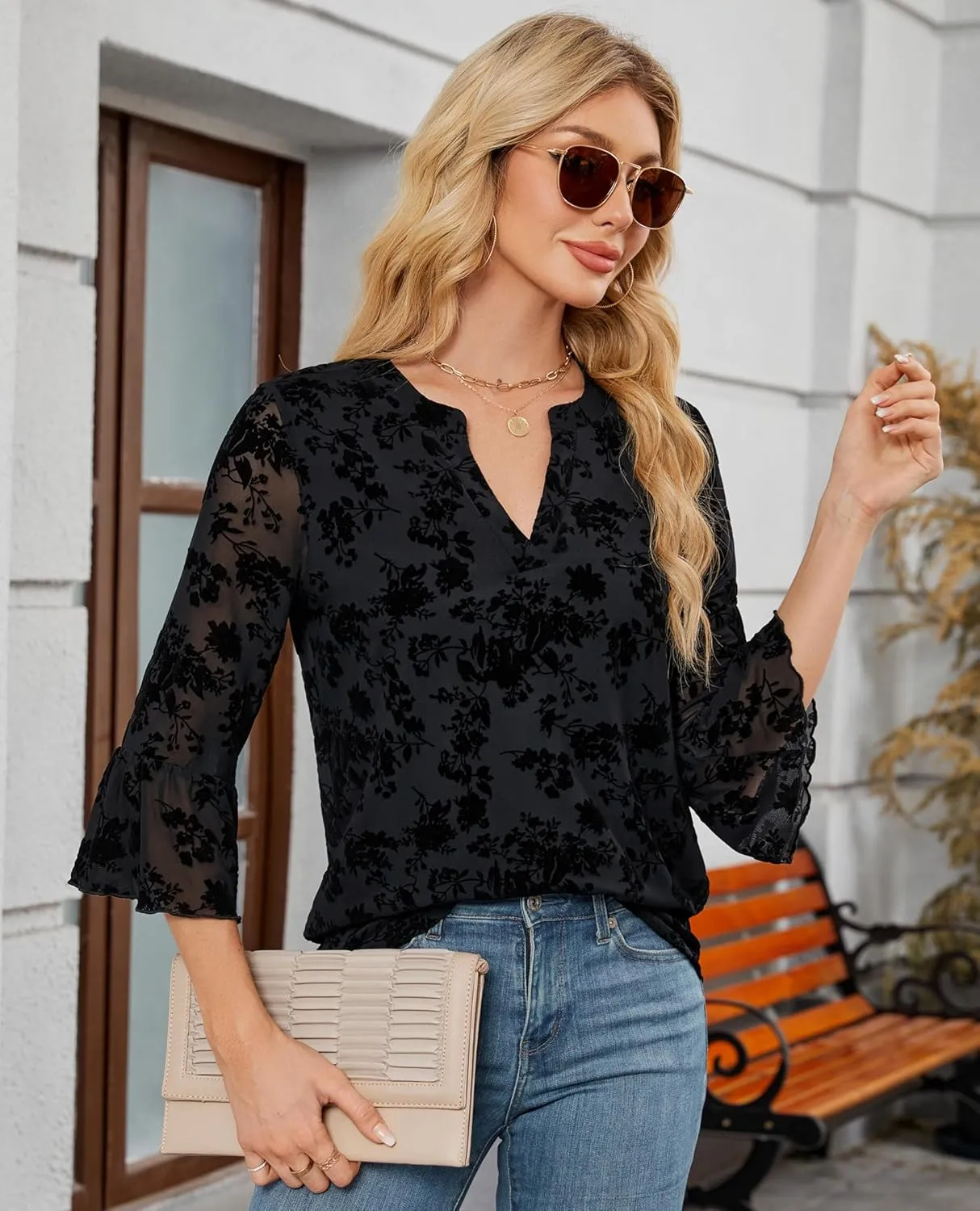 Womens Tops Dressy Casual 3/4 Ruffle Sleeve Blouse Chiffon V Neck Evening Party Night Out Wedding Cocktail Shirt