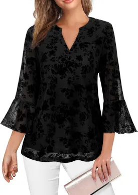 Womens Tops Dressy Casual 3/4 Ruffle Sleeve Blouse Chiffon V Neck Evening Party Night Out Wedding Cocktail Shirt