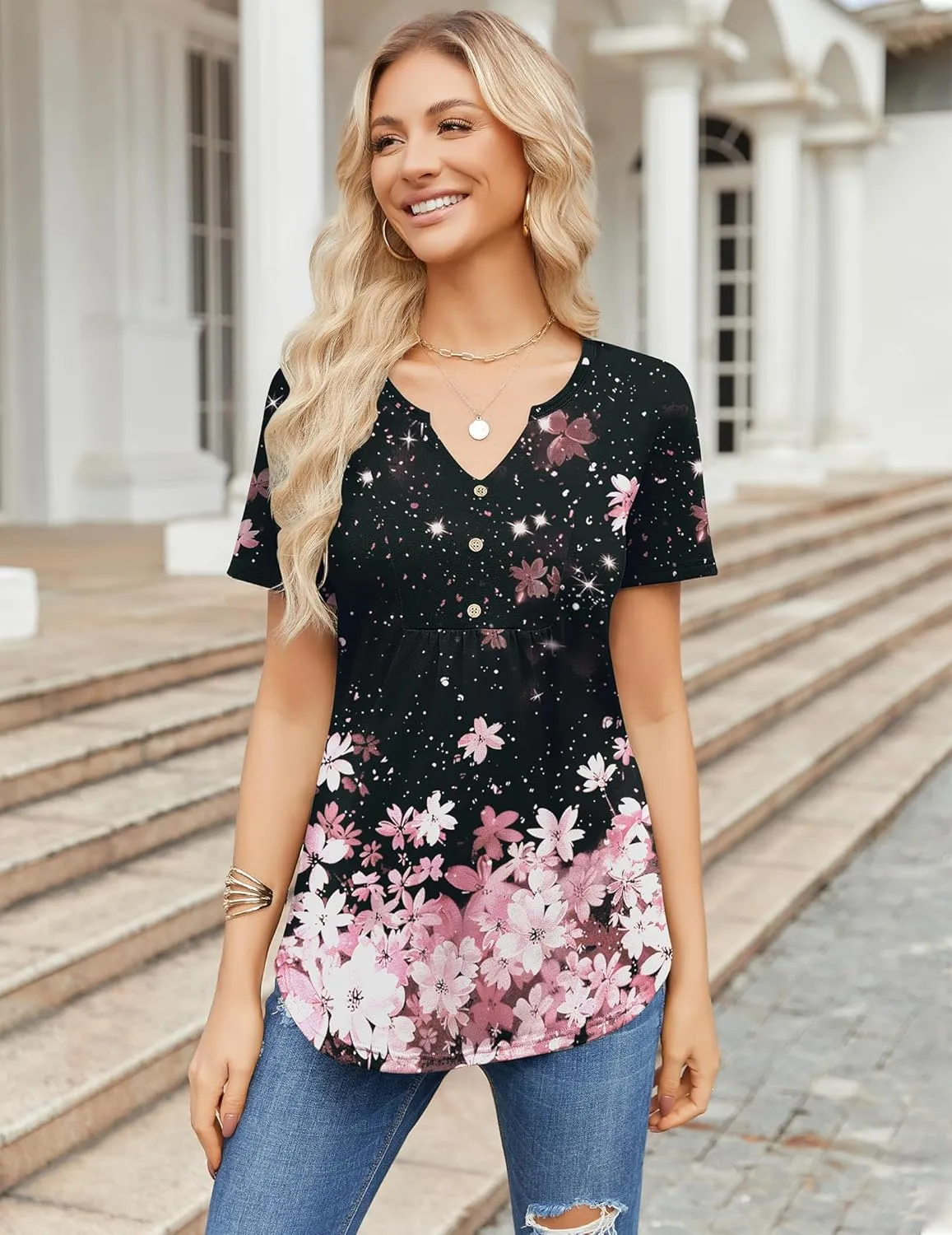Zeagoo Womens Short Sleeve Tops Summer Henley V-Neck Tshirts Casual Pleated Blouse Dressy Loose Floral Basic Tee