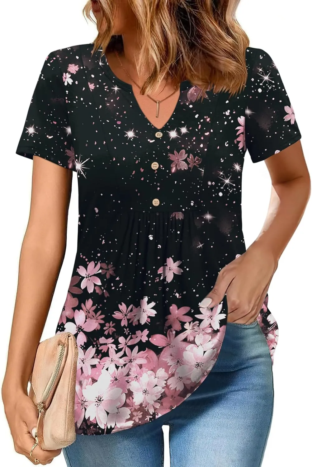 Zeagoo Womens Short Sleeve Tops Summer Henley V-Neck Tshirts Casual Pleated Blouse Dressy Loose Floral Basic Tee