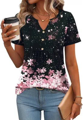 Zeagoo Womens Short Sleeve Tops Summer Henley V-Neck Tshirts Casual Pleated Blouse Dressy Loose Floral Basic Tee