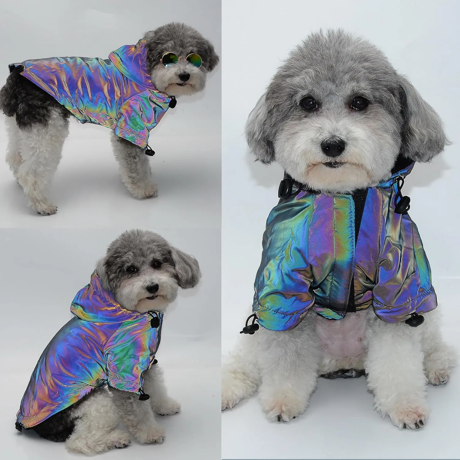 Zunea Holographic Waterproof Dog Jacket Coats for Small Dogs Winter Warm Fleece Hoodie Rain Coat Rainbow Reflective Puppy Clothes Drawstring Thermal Windbreakers Cold Weather Pet Chihuahua Apparel XXL